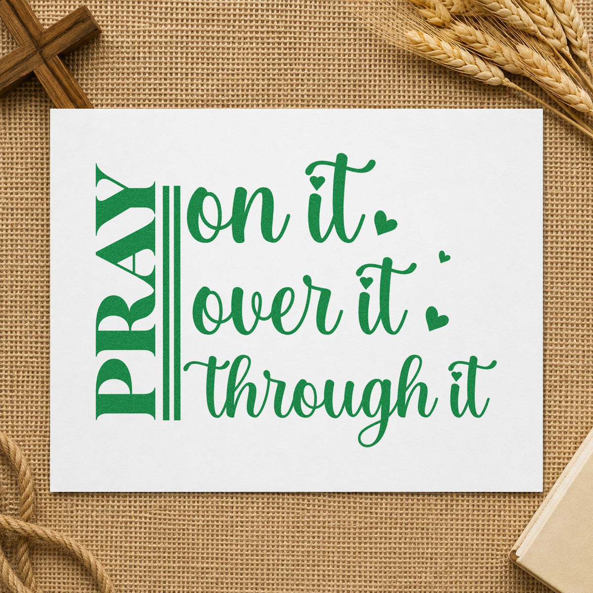 Pray on It Heart Script craft stamp imprint in green ink on a handmade project, one idea being prayer closet signs.