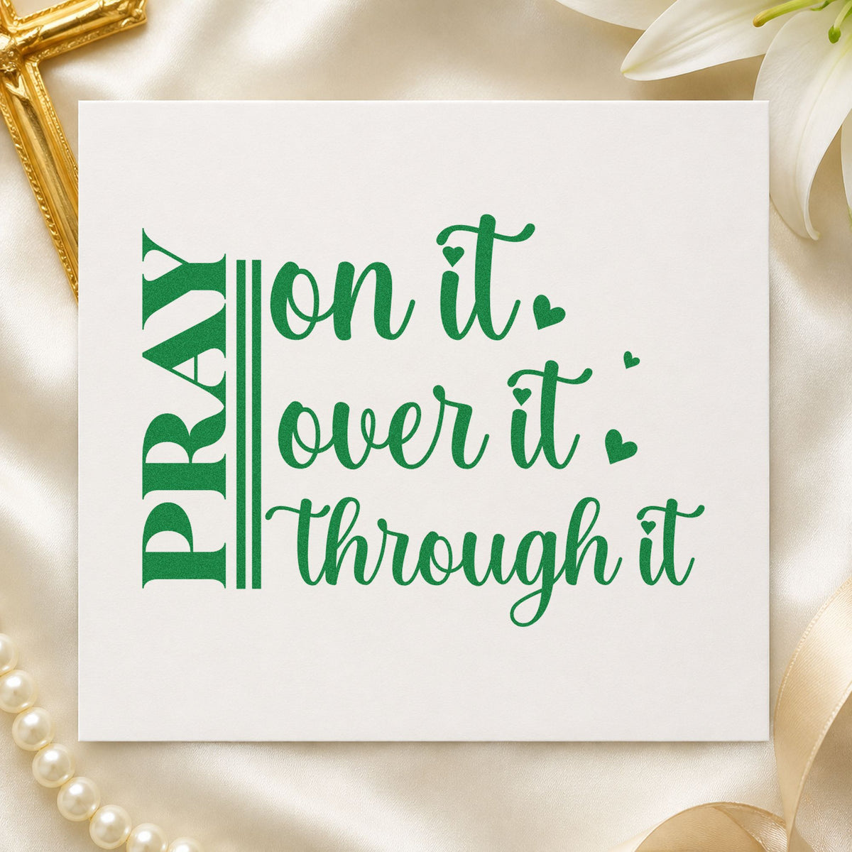Pray on It Heart Script craft stamp imprint in green ink on a handmade project, one idea being journal cover stamping.
