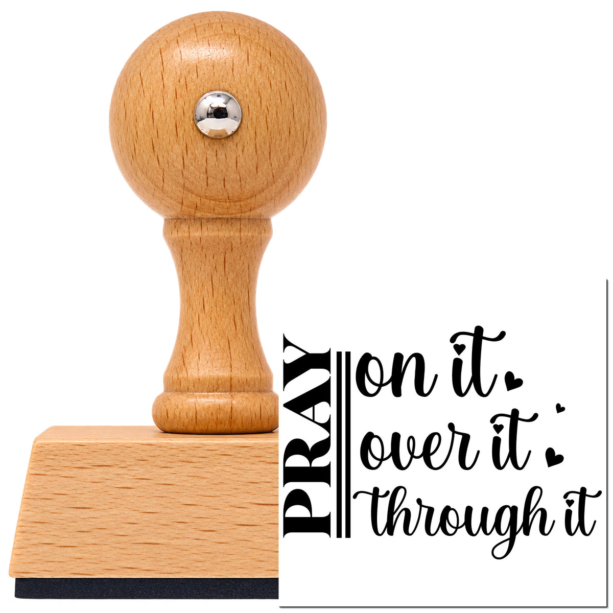 Vintage Pro beech wood stamp with a round knob handle, shown with its black Pray On It Heart Script imprint on white.