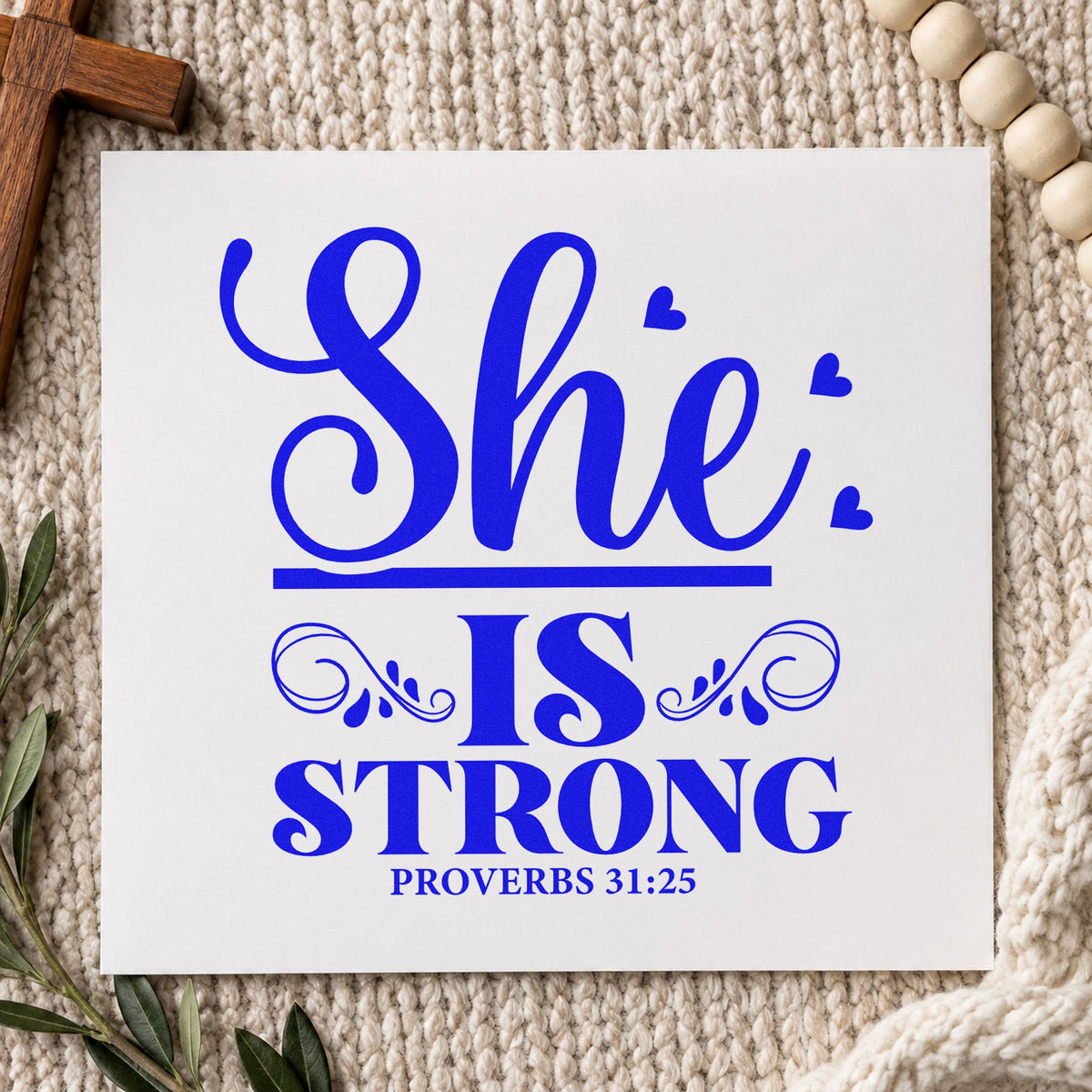 She Is Strong Ornamental craft stamp in blue ink on cardstock, an easy option for canvas totes.