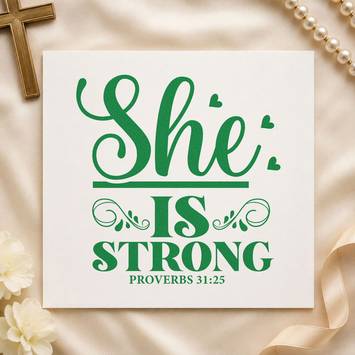 She Is Strong Ornamental craft stamp imprint in green ink on a handmade project, one idea being framed bedroom art.