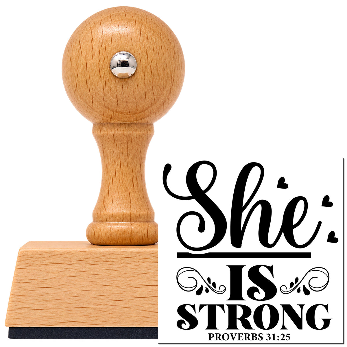 Vintage Pro beech wood stamp with a round knob handle, shown with its black She Is Strong Ornamental With Hearts imprint on white.