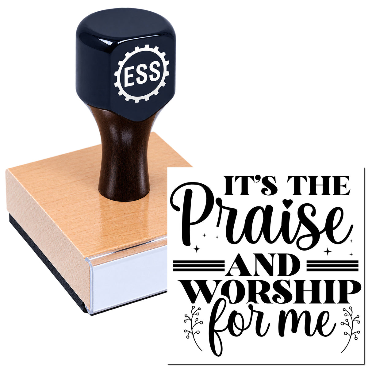 Dark blue ESSI stamp and seal product with wooden base and black "It's the Praise and Worship for me" design