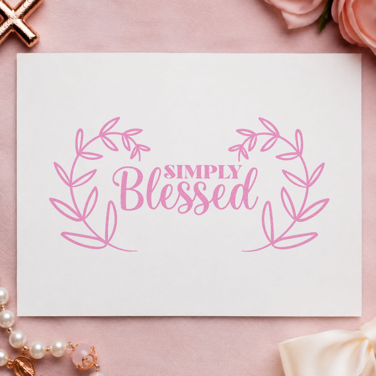 Simply Blessed Leaf Wreath craft stamp in purple ink on cardstock, an easy option for thanksgiving place cards.