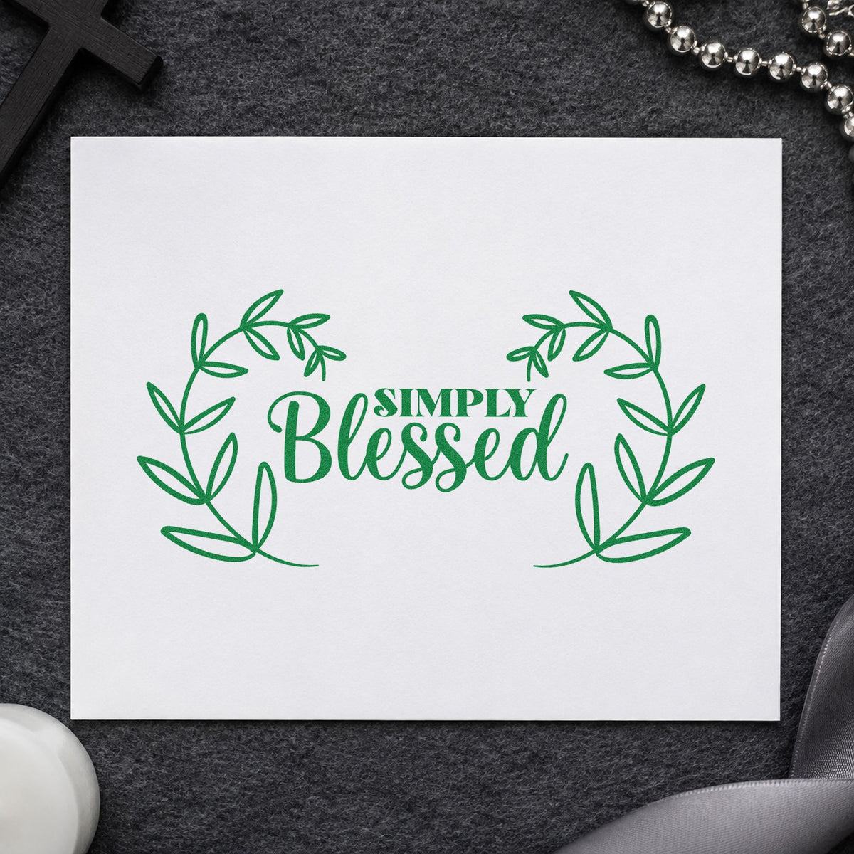 Simply Blessed Leaf Wreath craft stamp imprint in green ink on a handmade project, one idea being wedding favor tags.