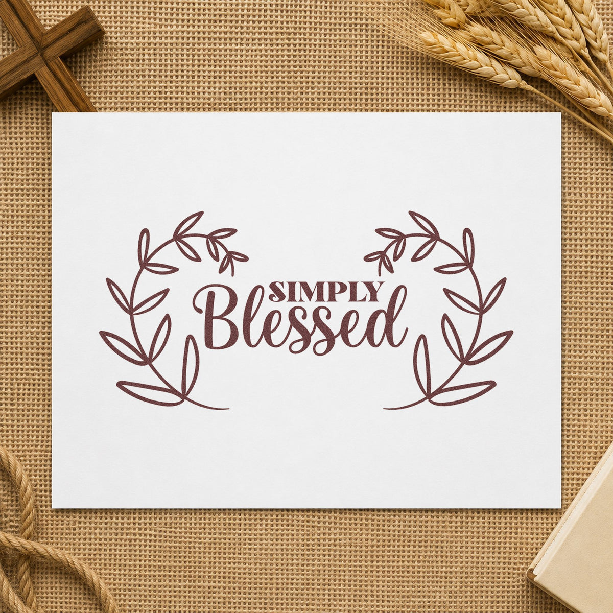 Simply Blessed Leaf Wreath rubber stamp printed in brown ink, ready for gratitude pages and similar paper crafts.