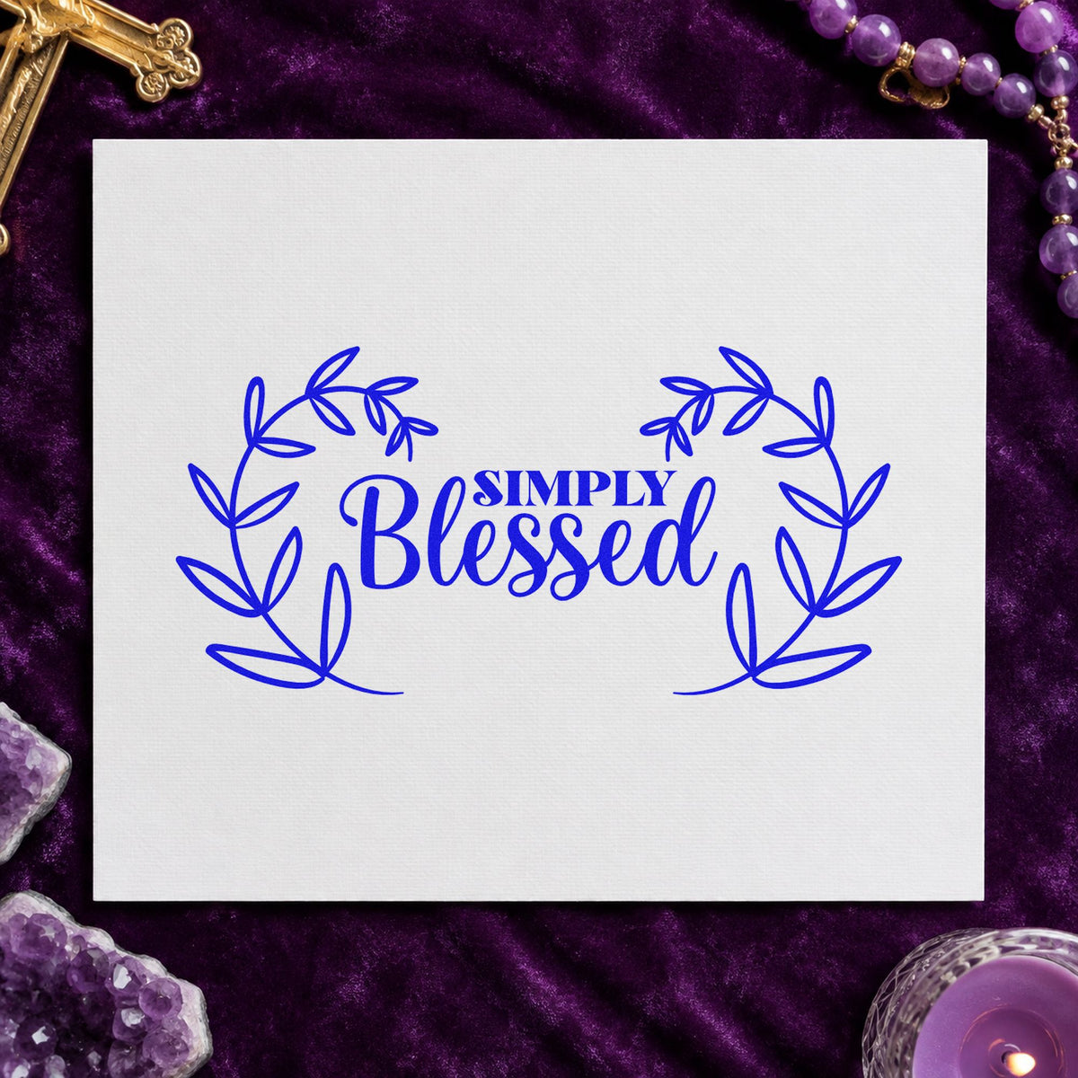 Simply Blessed Leaf Wreath craft stamp in blue ink on cardstock, an easy option for canvas totes.