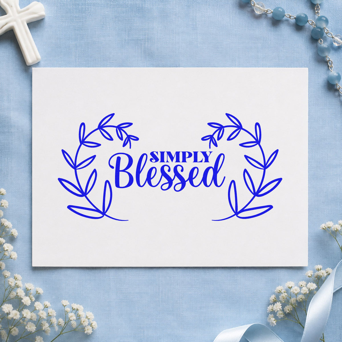 Simply Blessed Leaf Wreath craft stamp imprinted in blue ink on paper, a design suited to hostess gift tags.