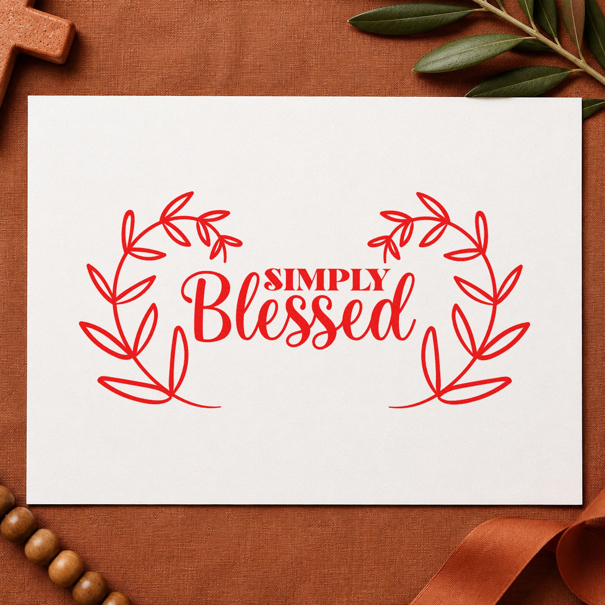 Simply Blessed Leaf Wreath rubber stamp shown in red ink, stamped for projects such as family cookbook headers.