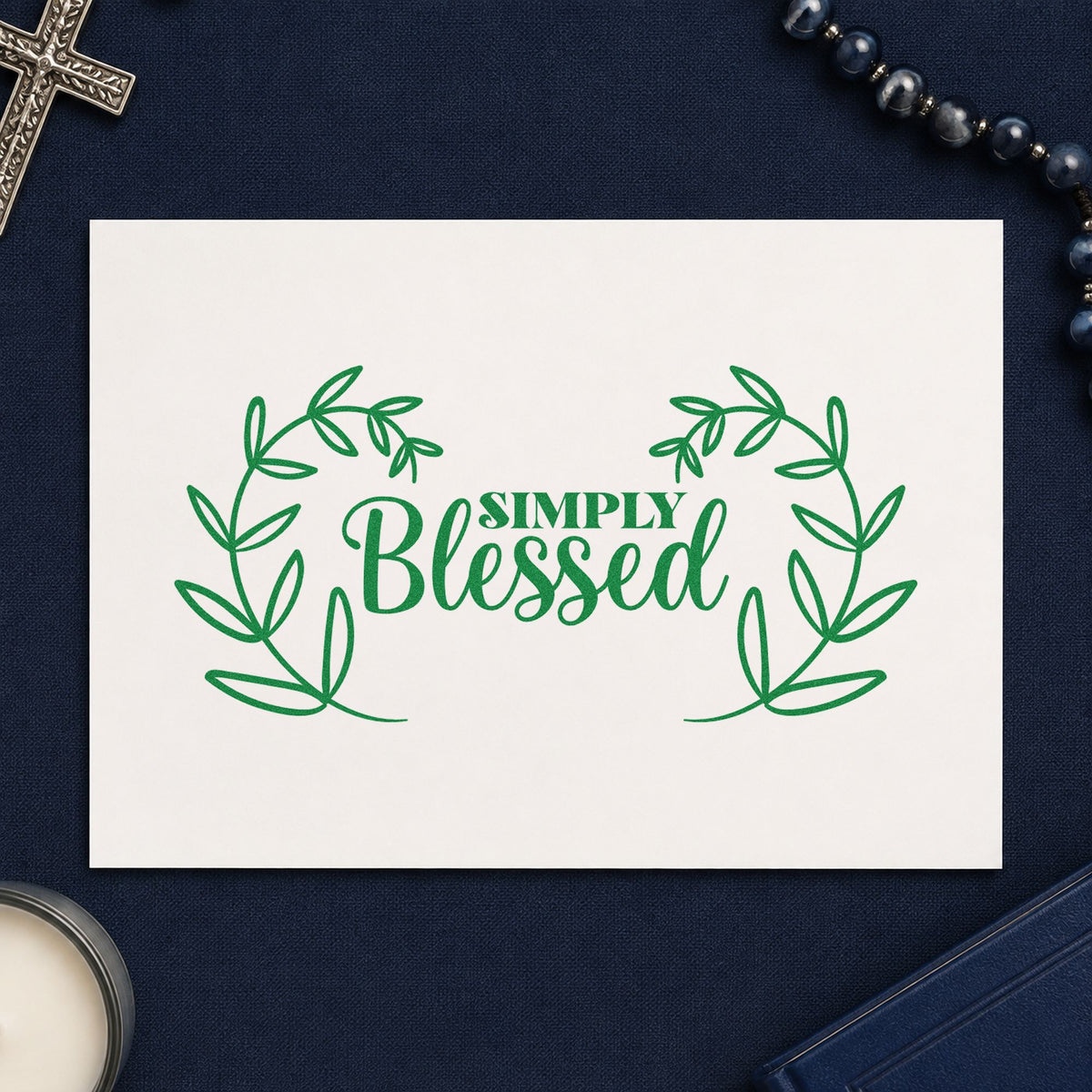 Simply Blessed Leaf Wreath craft stamp imprint in green ink on a handmade project, one idea being framed farmhouse art.