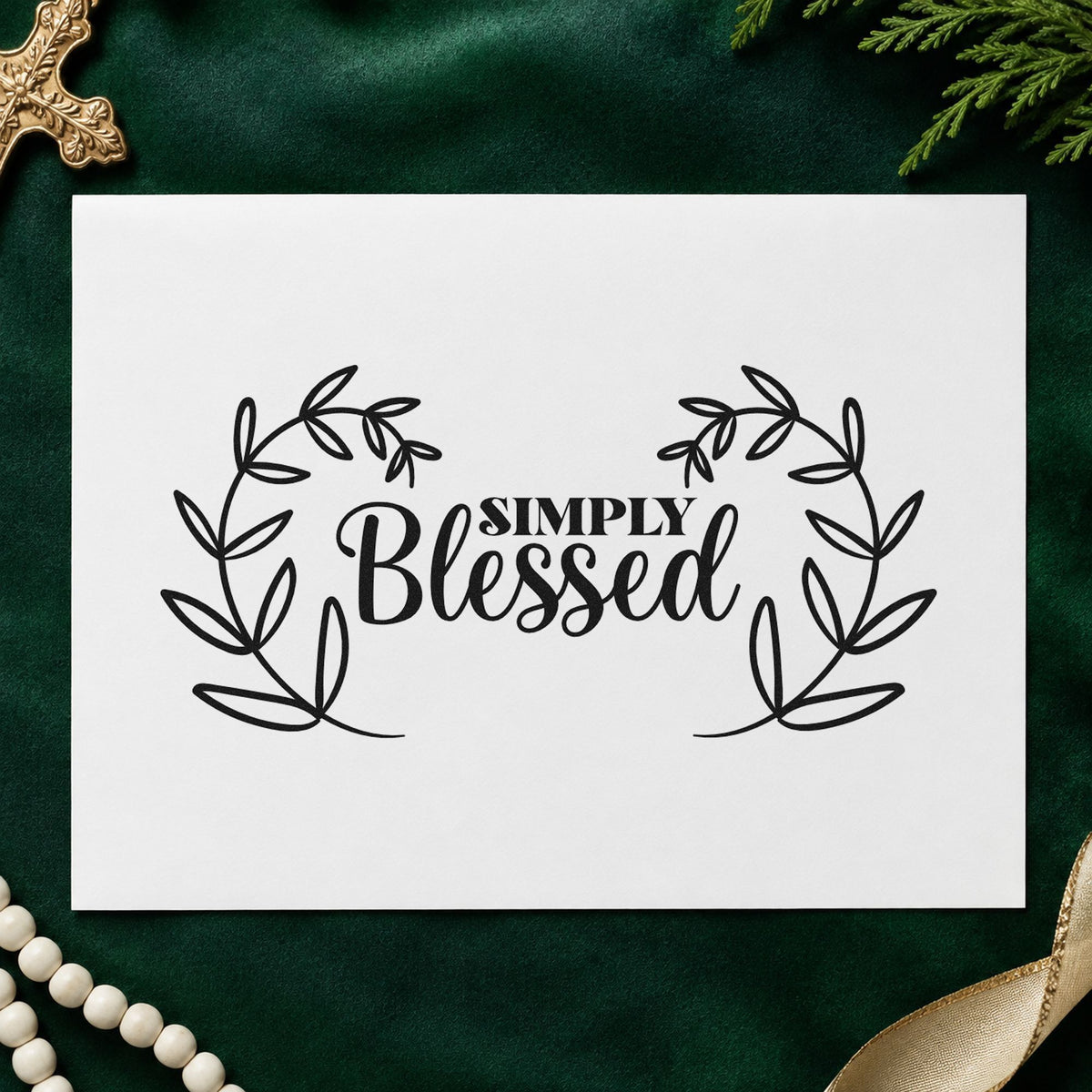 Simply Blessed Leaf Wreath rubber stamp printed in black ink, ready for branch blessed cards and similar paper crafts.