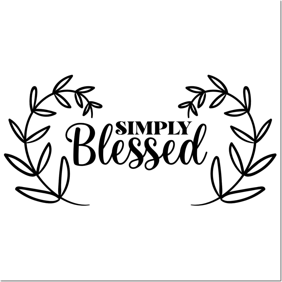 Black Simply Blessed stamp and seal with leafy wreath border on white background.