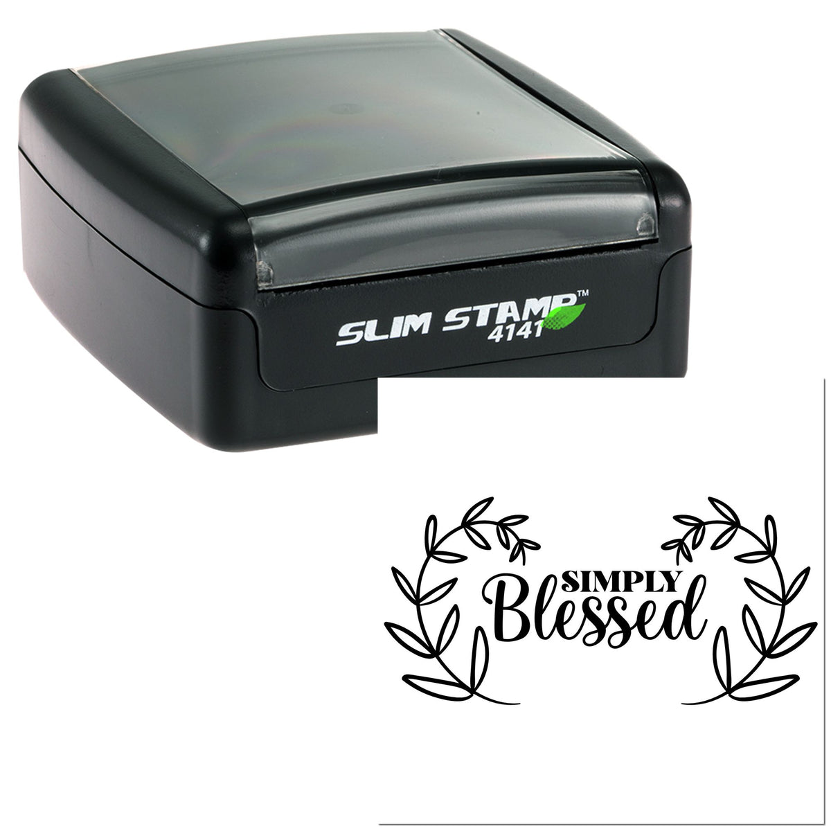 Black Slim Stamp 4141 self-inking stamp with clear cap, showing a black Simply Blessed seal with leafy wreath on white background.