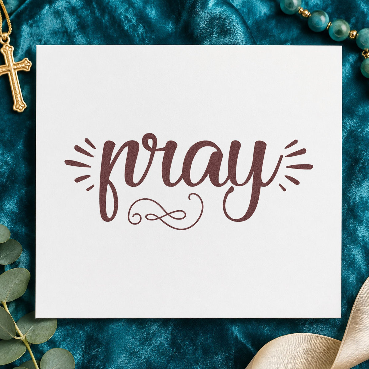 Pray Radiating Script rubber stamp printed in brown ink, ready for title word pages and similar paper crafts.
