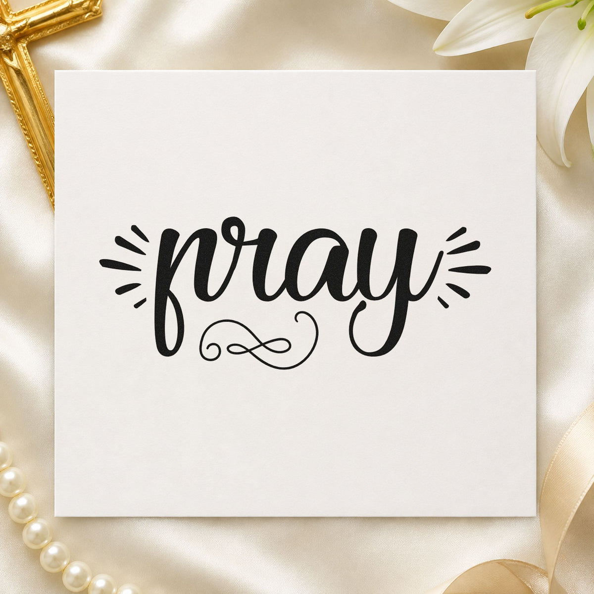 Pray Radiating Script rubber stamp printed in black ink, ready for single word cards and similar paper crafts.
