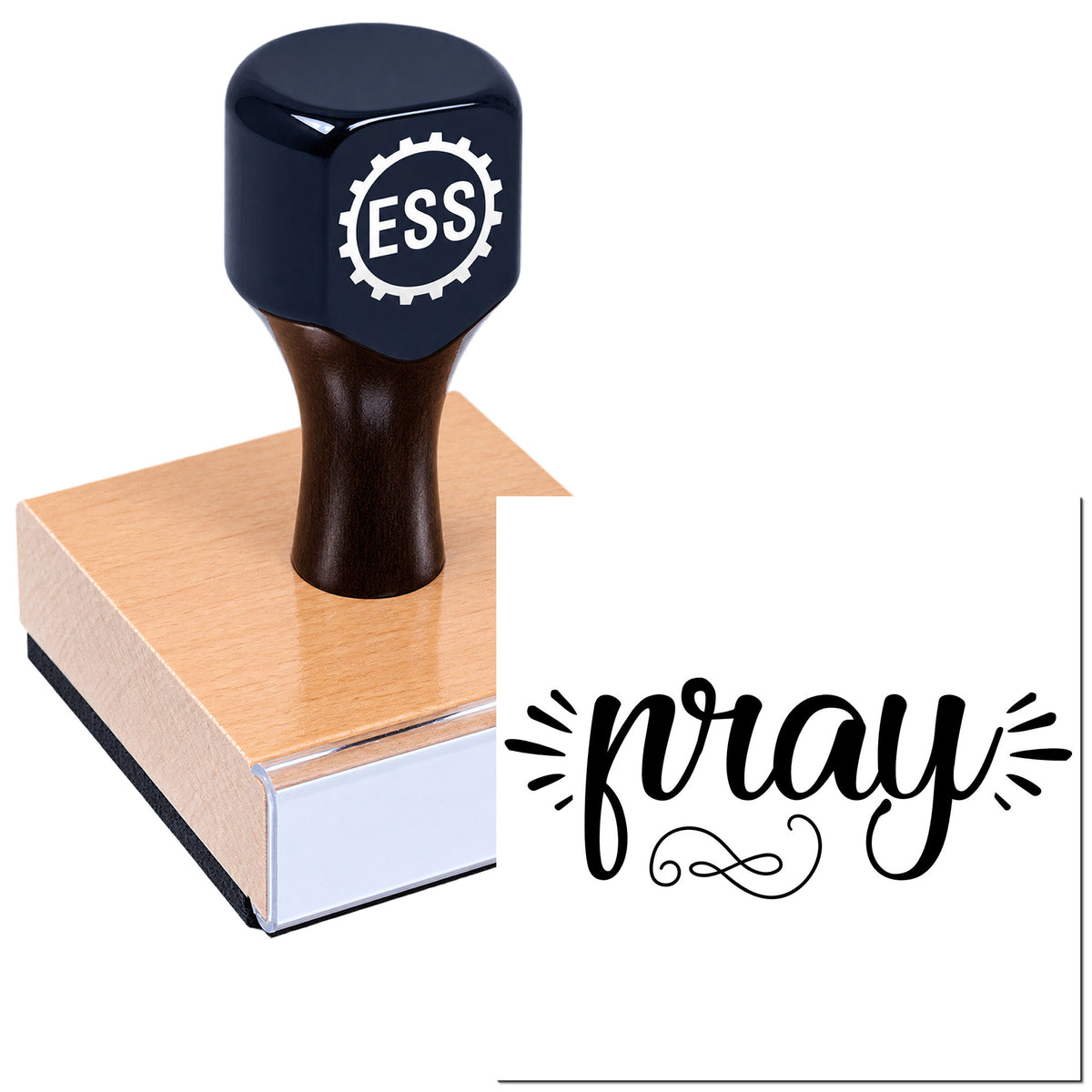 Dark blue ESS rubber stamp on a wooden base with black "pray" seal design