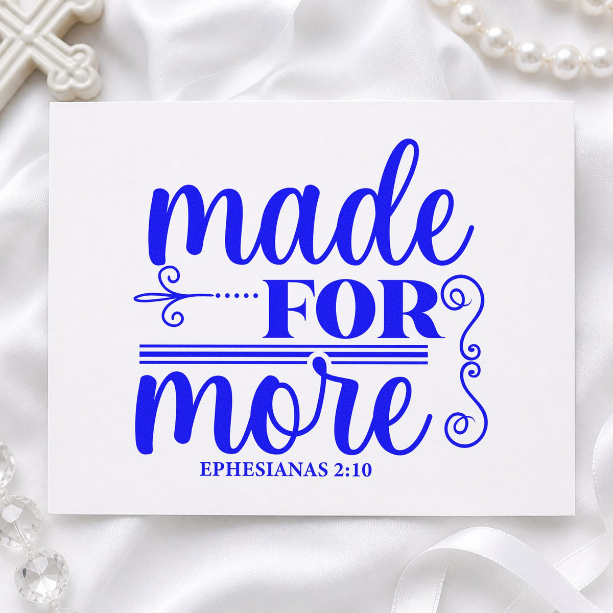 Made for More craft stamp imprinted in blue ink on paper, a design suited to youth camp tees.