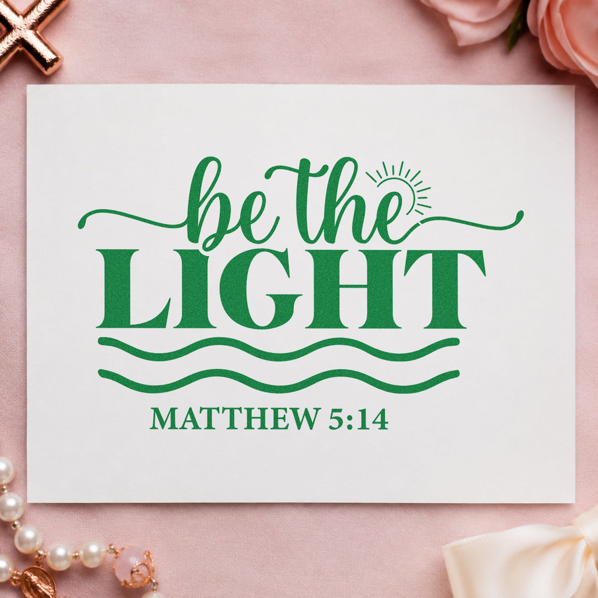 Be the Light Waves craft stamp imprint in green ink on a handmade project, one idea being sunscreen gift tags.