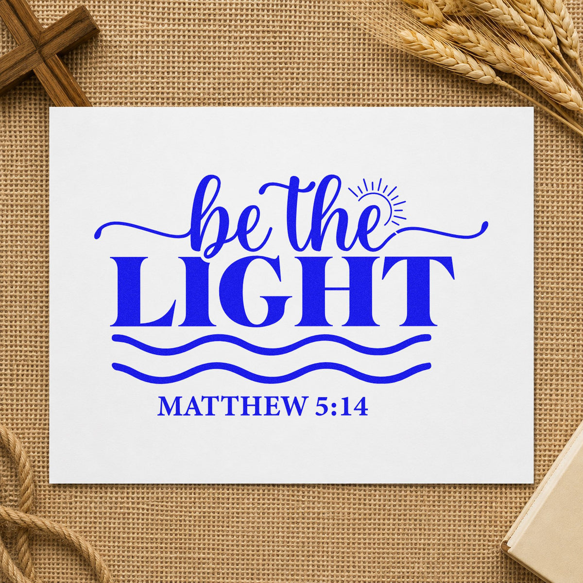 Be the Light Waves craft stamp in blue ink on cardstock, an easy option for canvas beach totes.