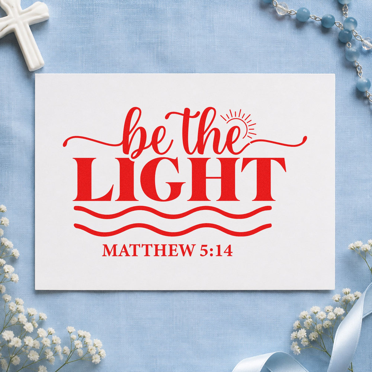 Be the Light Waves rubber stamp shown in red ink, stamped for projects such as beach baptism programs.