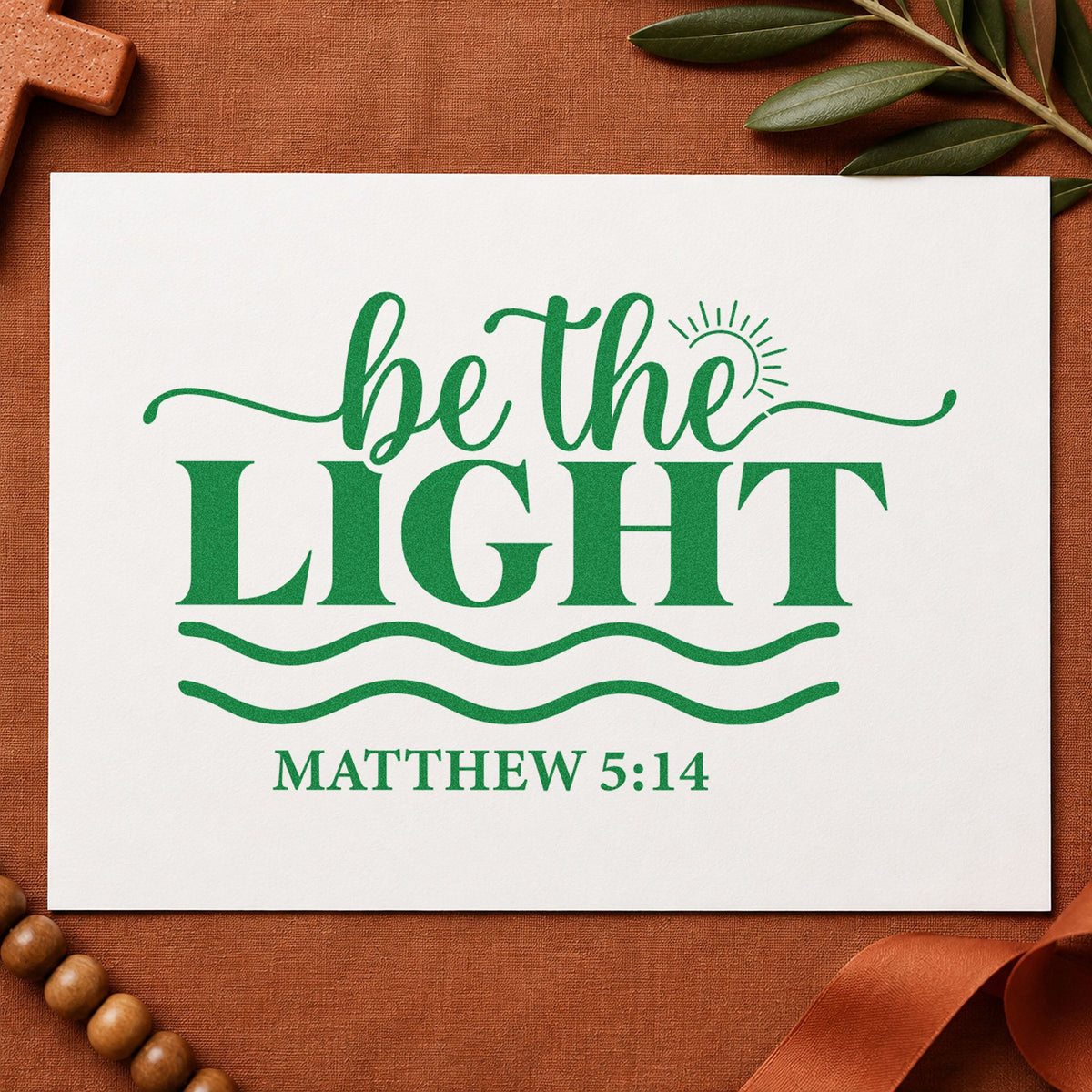 Be the Light Waves craft stamp imprint in green ink on a handmade project, one idea being framed kids' room art.