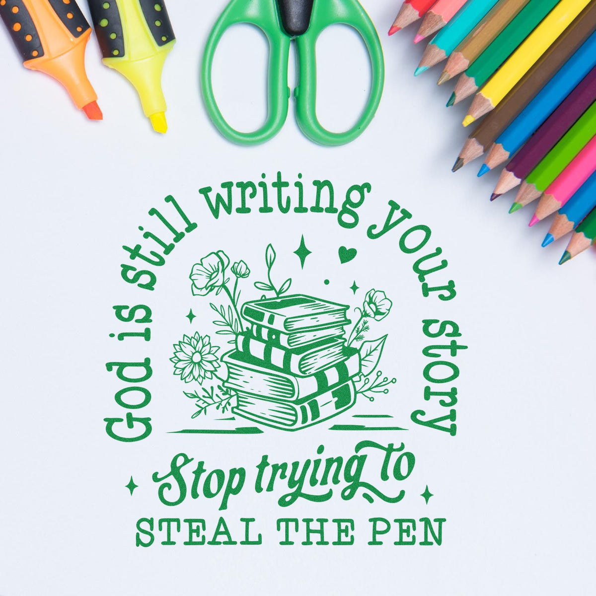 Green literary stamp and seal design with stacked books, flowers, and slogan, framed by colorful pencils and scissors.