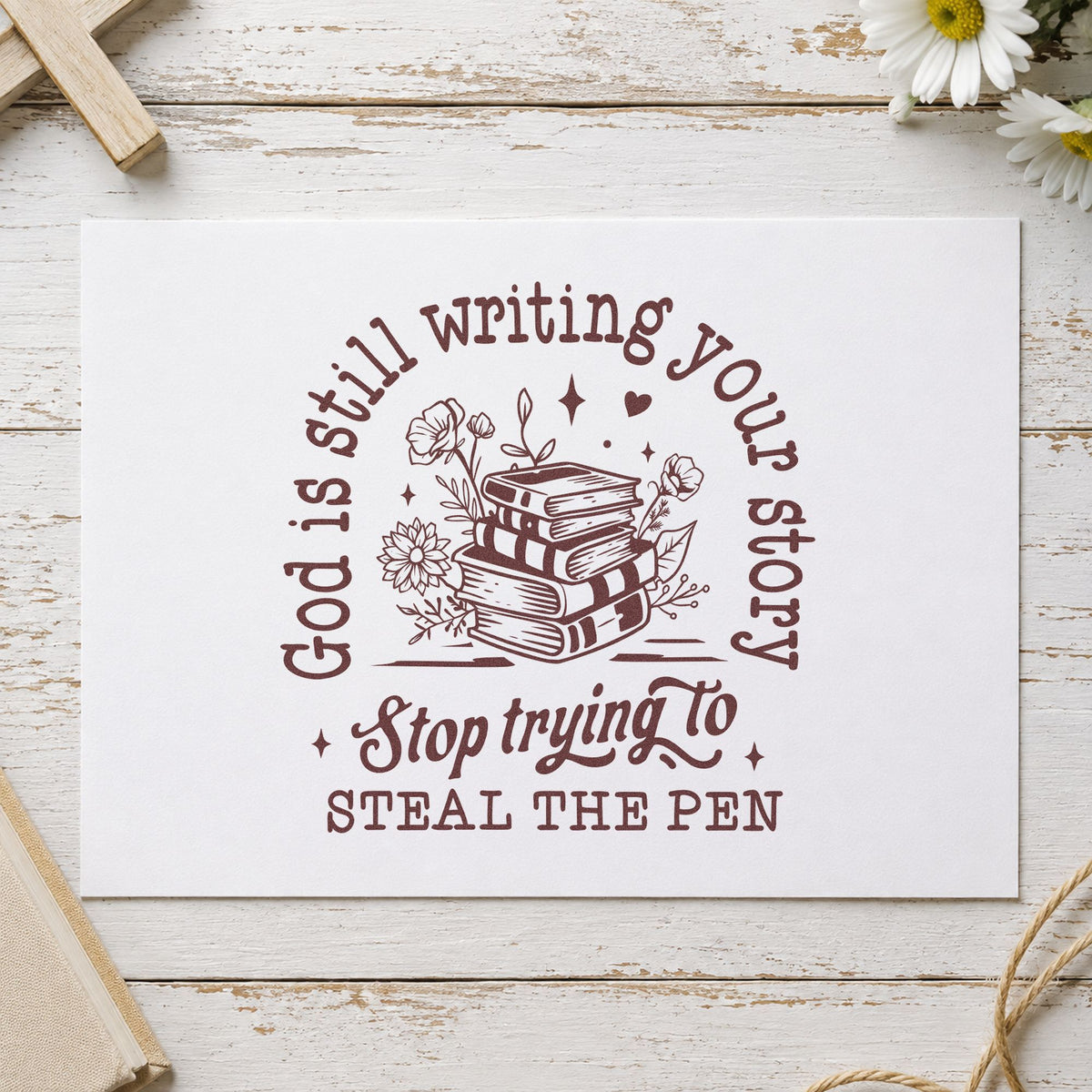 God Is Writing Your Story Books rubber stamp printed in brown ink, ready for life story pages and similar paper crafts.