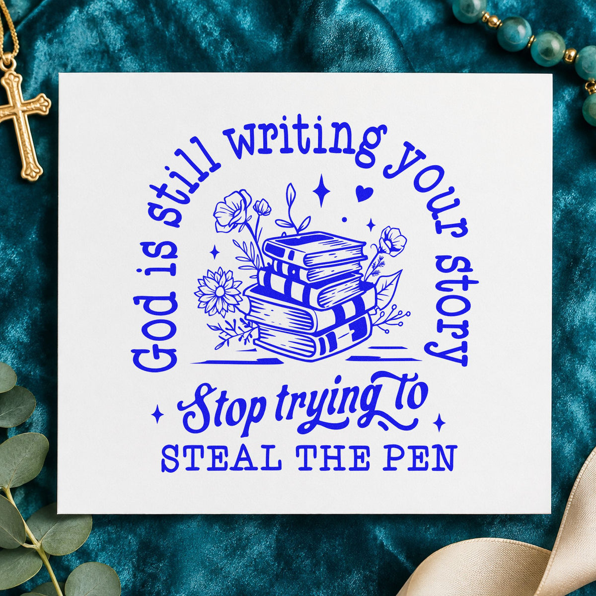 God Is Writing Your Story Books craft stamp in blue ink on cardstock, an easy option for canvas book totes.