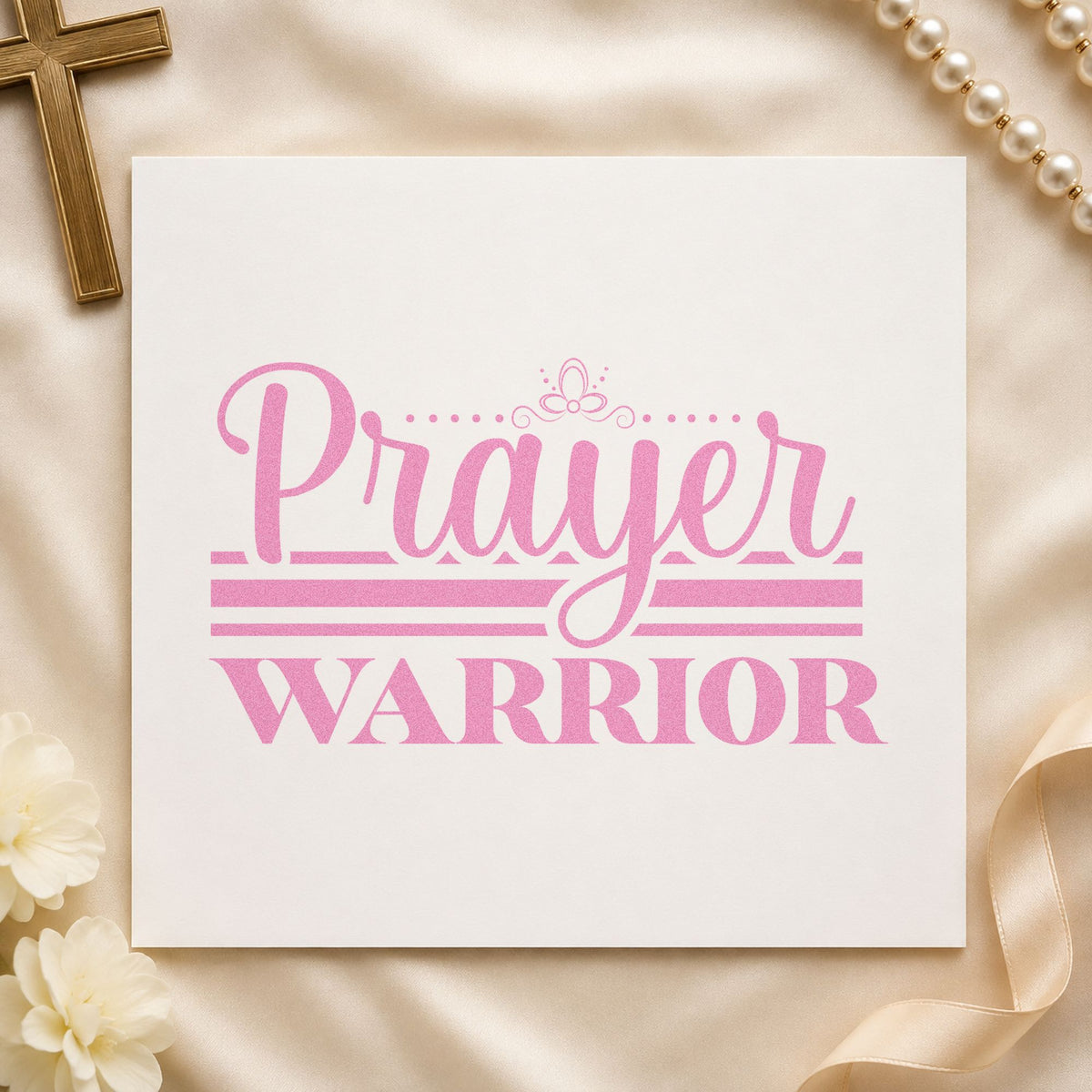 Prayer Warrior Flourish craft stamp in purple ink on cardstock, an easy option for prayer team tees.
