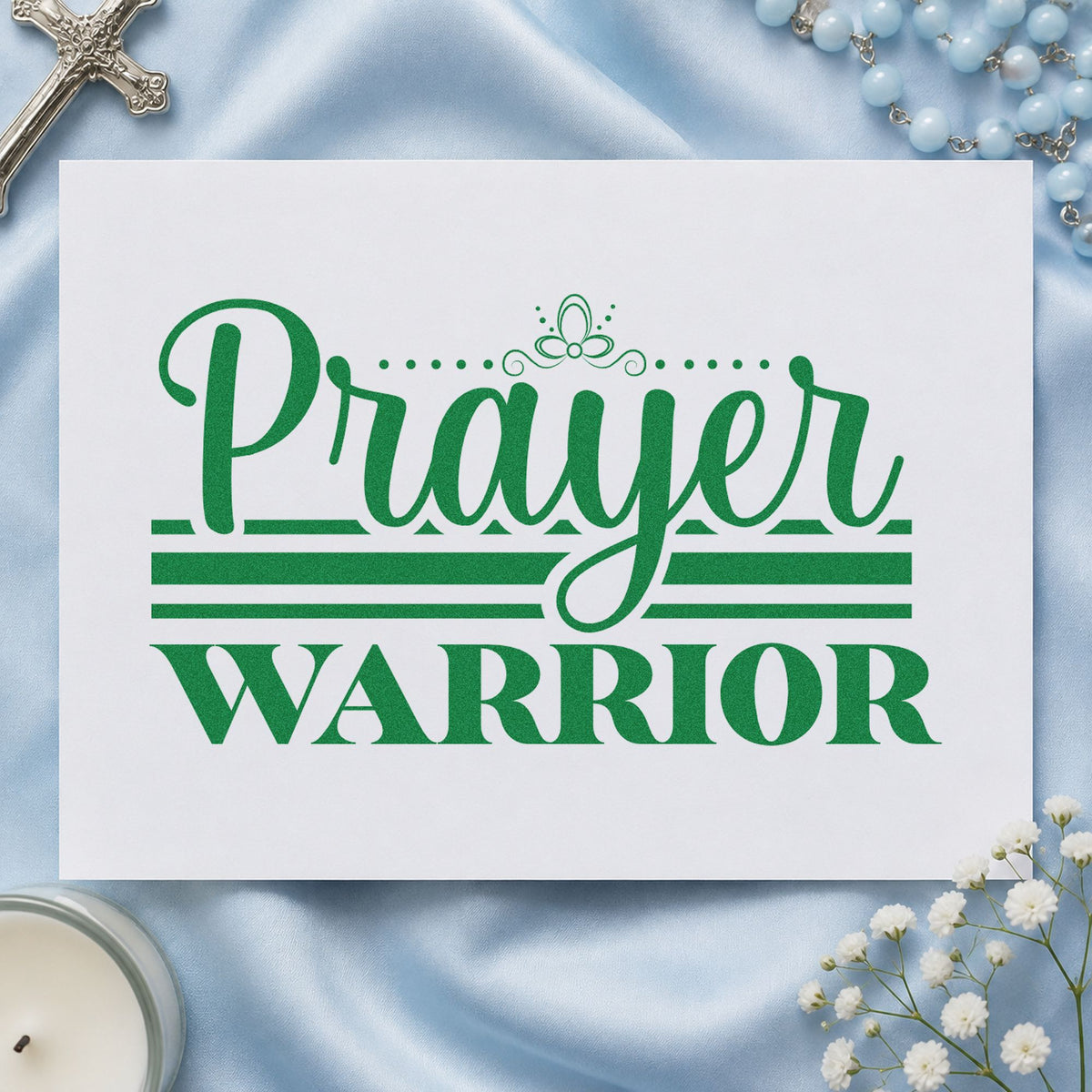Prayer Warrior Flourish craft stamp imprint in green ink on a handmade project, one idea being framed study art.