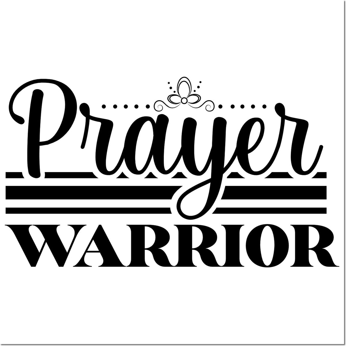 Black Prayer Warrior stamp with decorative flourish and bold lines on a white background.