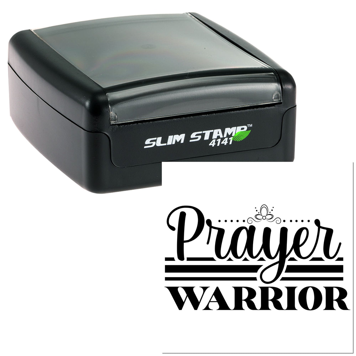 Black Slim Stamp 4141 self-inking stamp with gray lid and Prayer Warrior seal design on white background