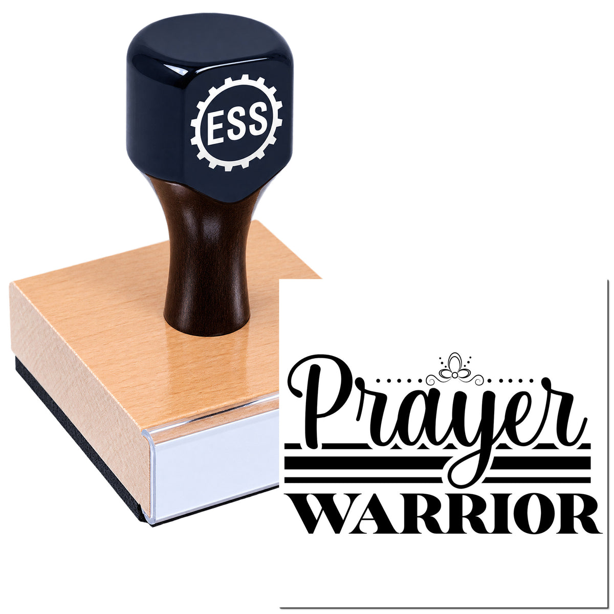 Dark navy custom rubber stamp with ESS logo on a wooden seal base, beside Prayer Warrior branding on white.