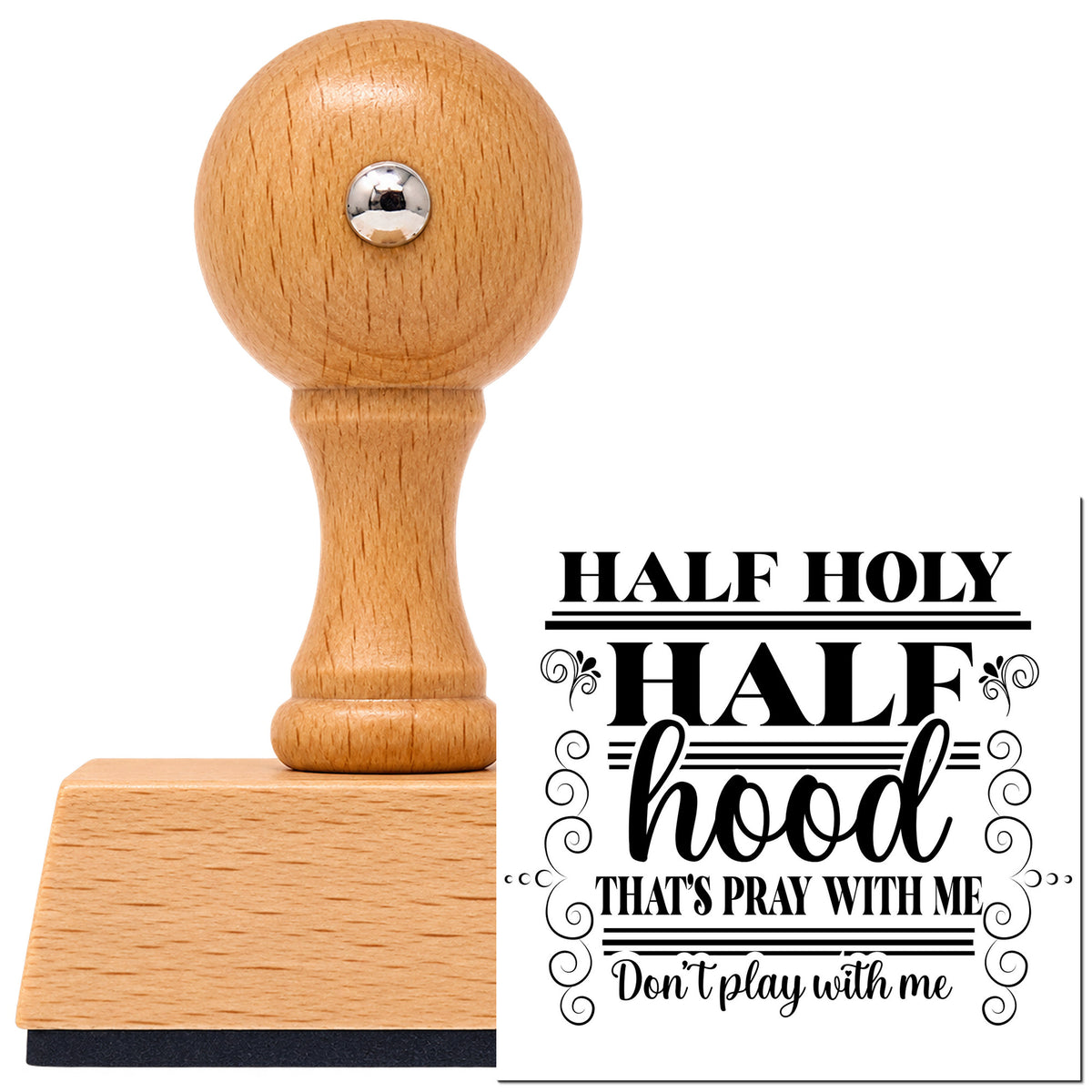 Vintage Pro beech wood stamp with a round knob handle, shown with its black Half Holy Half Hood Scrolls Frame Accent imprint on white.