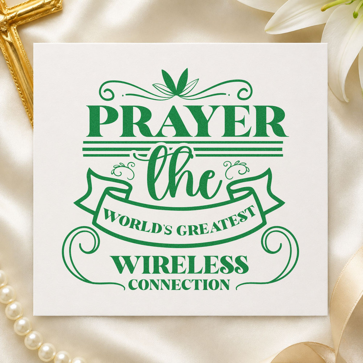 Prayer Wireless Ribbon craft stamp imprint in green ink on a handmade project, one idea being wi-fi password cards.