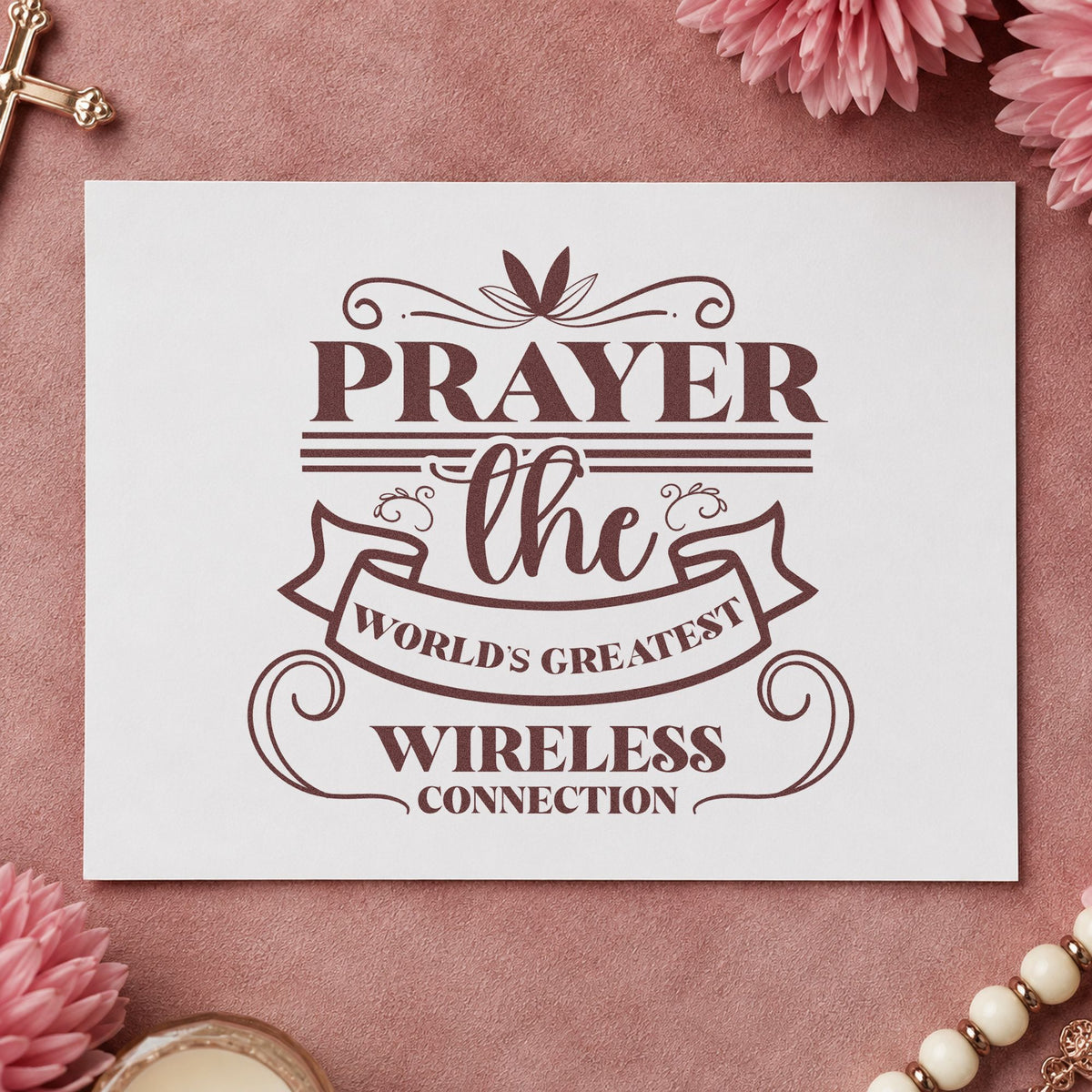 Prayer Wireless Ribbon rubber stamp printed in brown ink, ready for unplugged retreat pages and similar paper crafts.