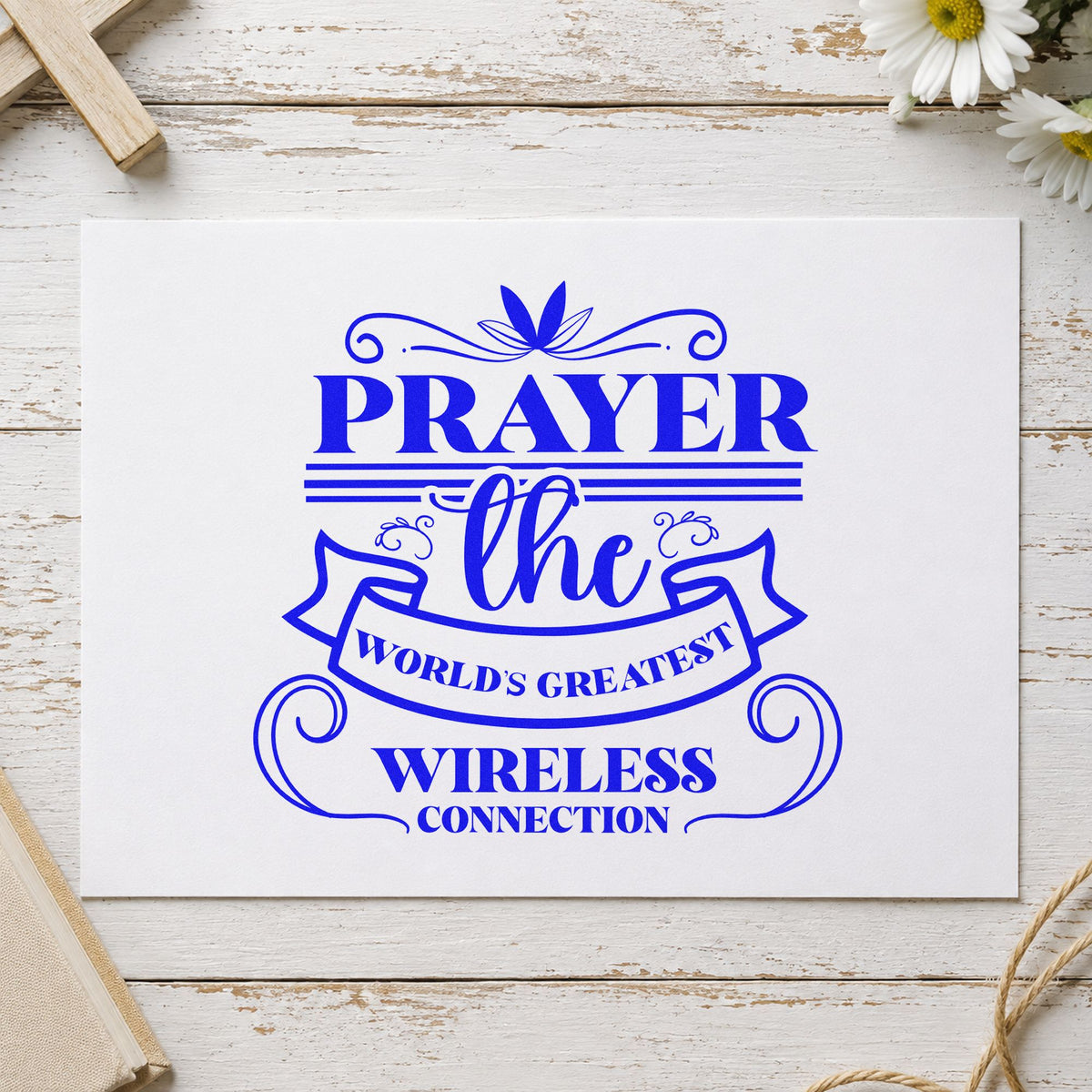 Prayer Wireless Ribbon craft stamp in blue ink on cardstock, an easy option for tee transfers.