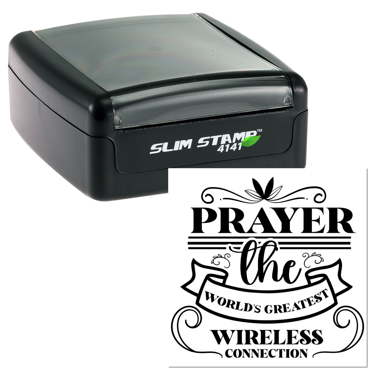 Black self-inking Slim Stamp 4141 with ornate black prayer wireless connection seal design on white background.