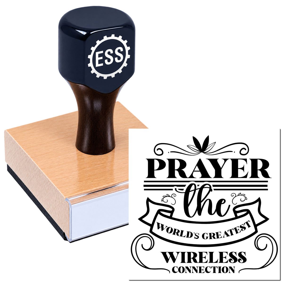 Black ESS rubber stamp seal on a wood block, with a bold black "Prayer" wireless connection design on white background.