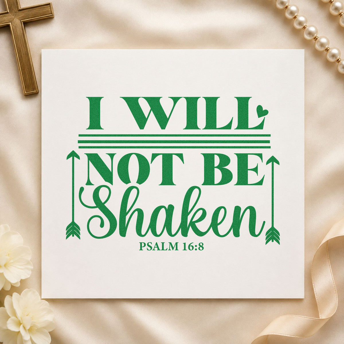 I Will Not Be Shaken Arrows craft stamp imprint in green ink on a handmade project, one idea being earthquake prep kits.