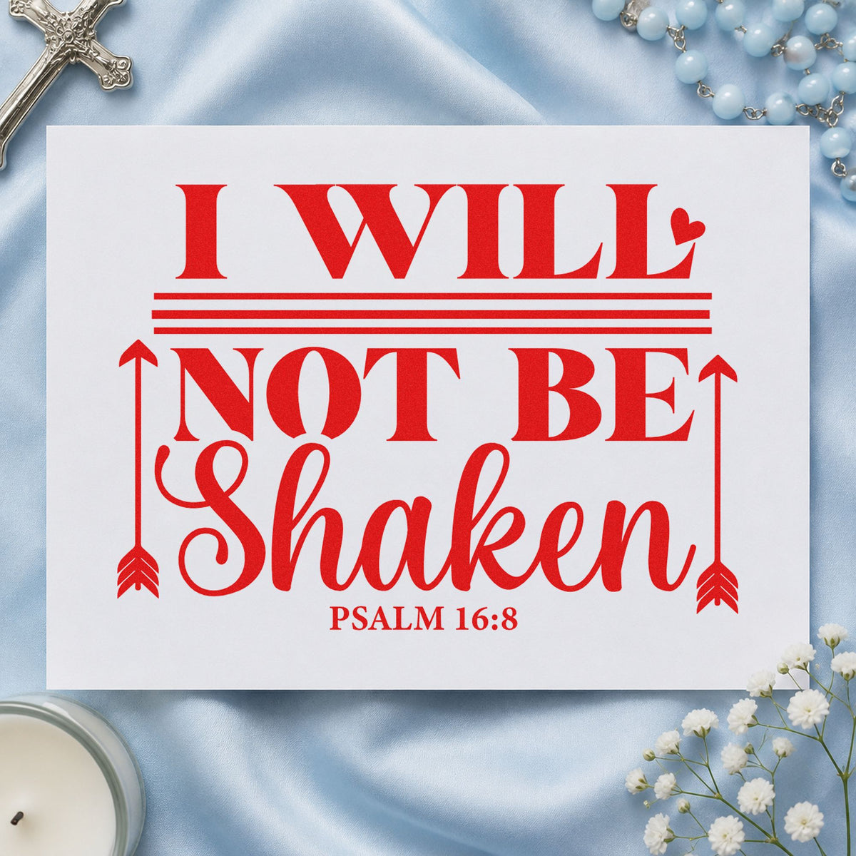 I Will Not Be Shaken Arrows rubber stamp shown in red ink, stamped for projects such as journal cover stamping.
