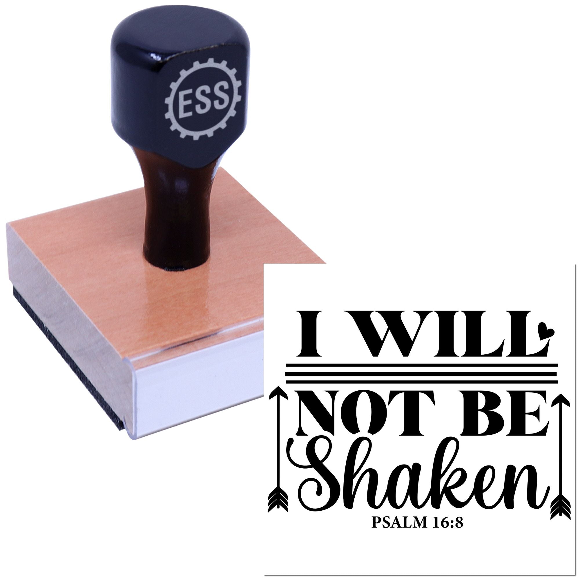 Dark navy ESS stamp on a copper wooden block beside black I WILL NOT BE SHAKEN seal with arrows, heart, Psalm 16:8.