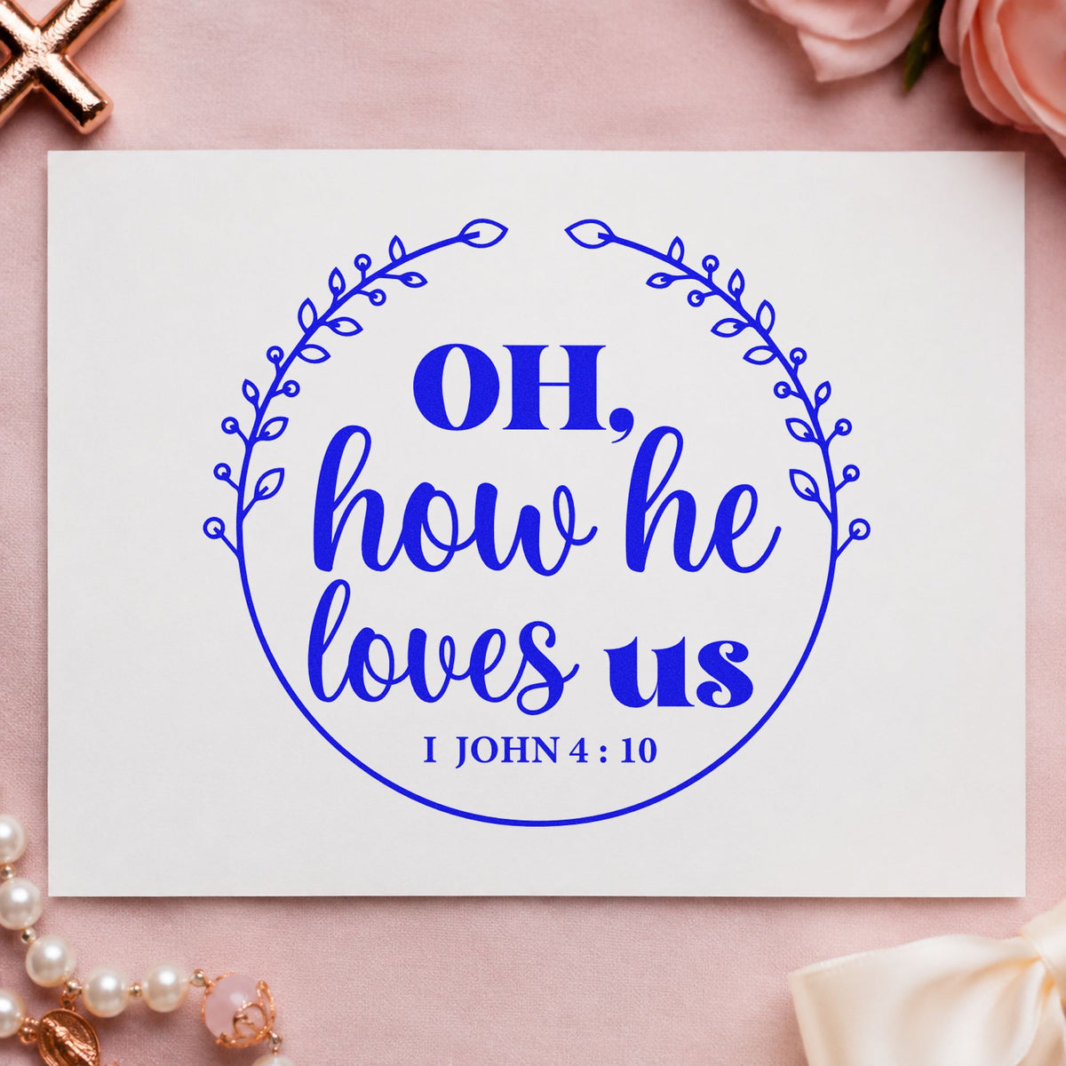 How He Loves Us Wreath craft stamp in blue ink on cardstock, an easy option for canvas totes.