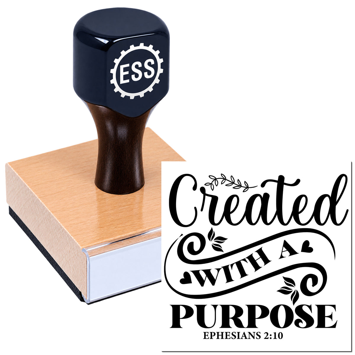 Black rubber stamp with ESS logo on a wood block beside a "Created with a Purpose" seal design.