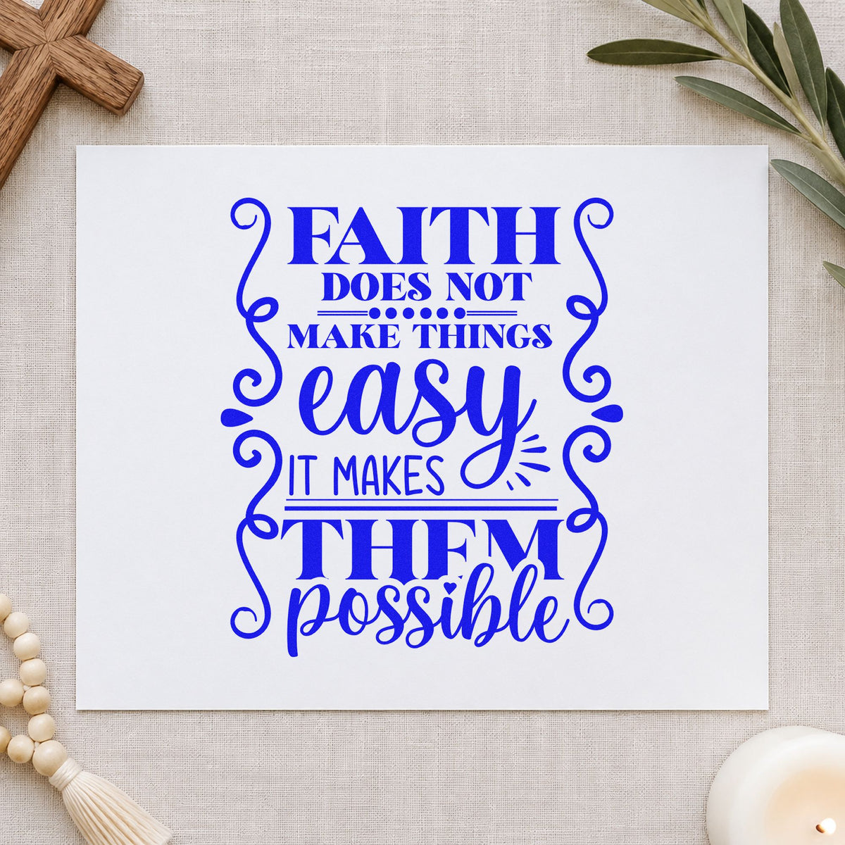 Faith Makes Possible Scrolls craft stamp in blue ink on cardstock, an easy option for canvas totes.