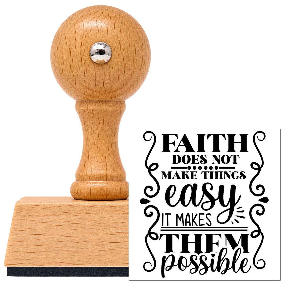 Vintage Pro beech wood stamp with a round knob handle, shown with its black Faith Makes Possible Scrolls imprint on white.