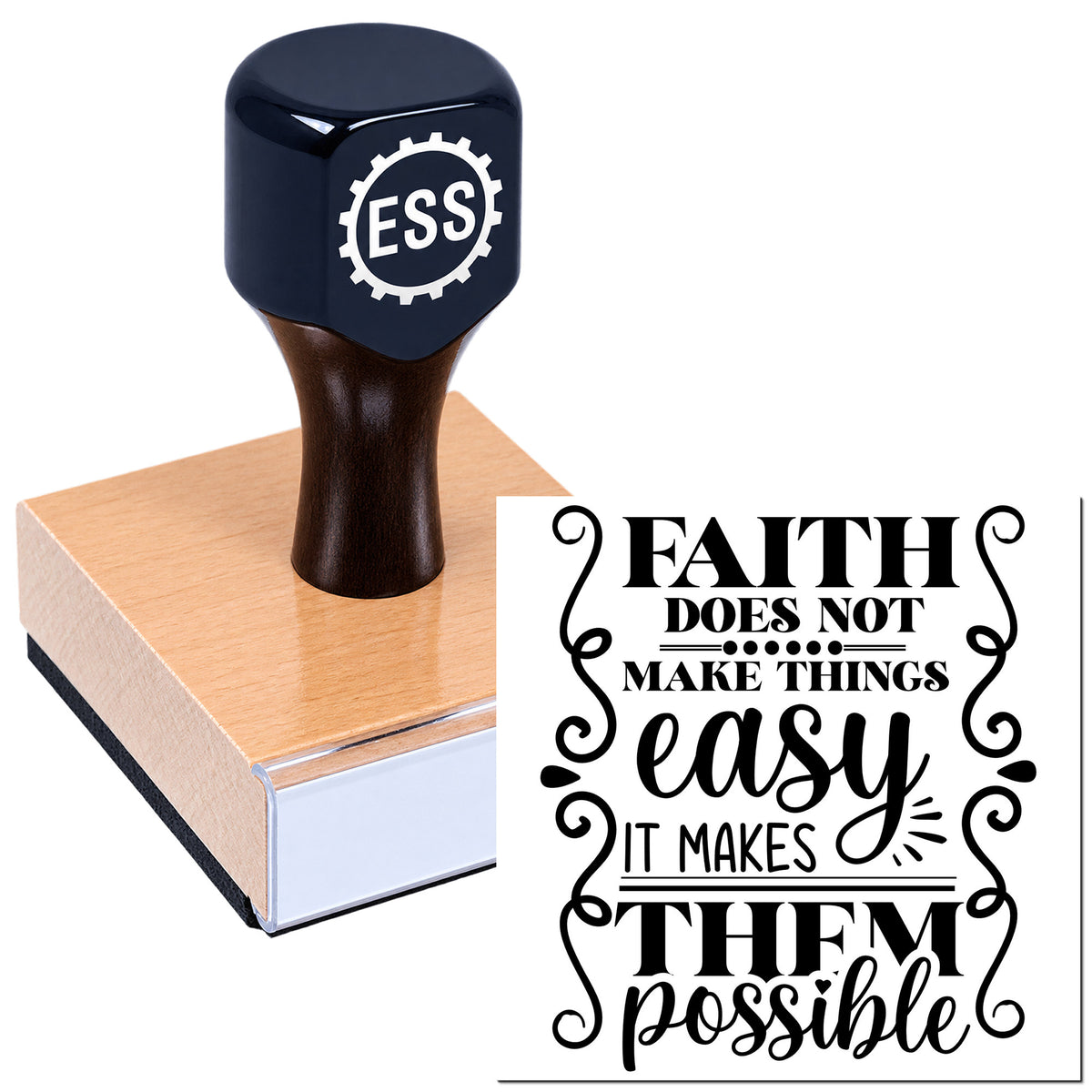 Navy ESS stamp and seal handle on a square wooden block with black faith quote text.