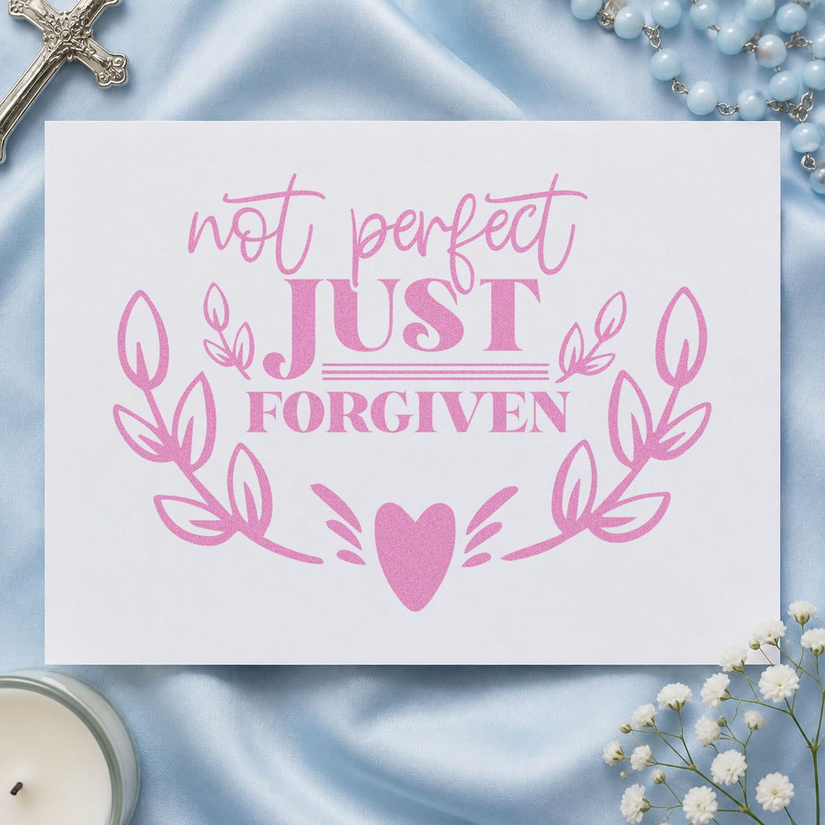 Not Perfect Just Forgiven Wreath craft stamp in purple ink on cardstock, an easy option for new believer gifts.