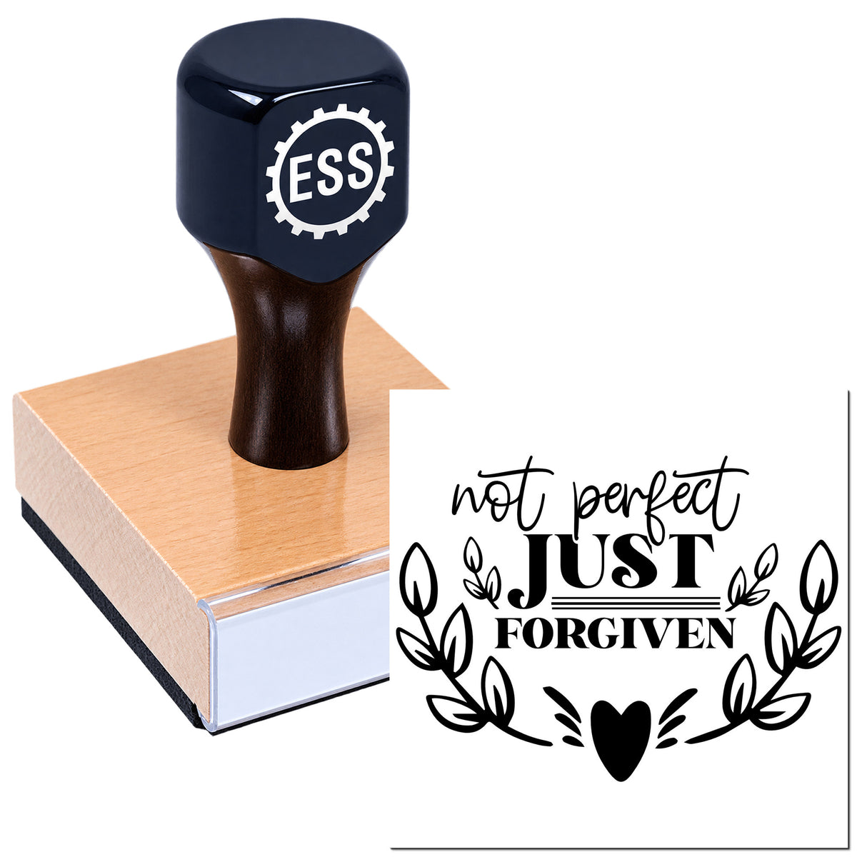 Black ESS custom stamp on wooden seal block with "not perfect just forgiven" design in black.