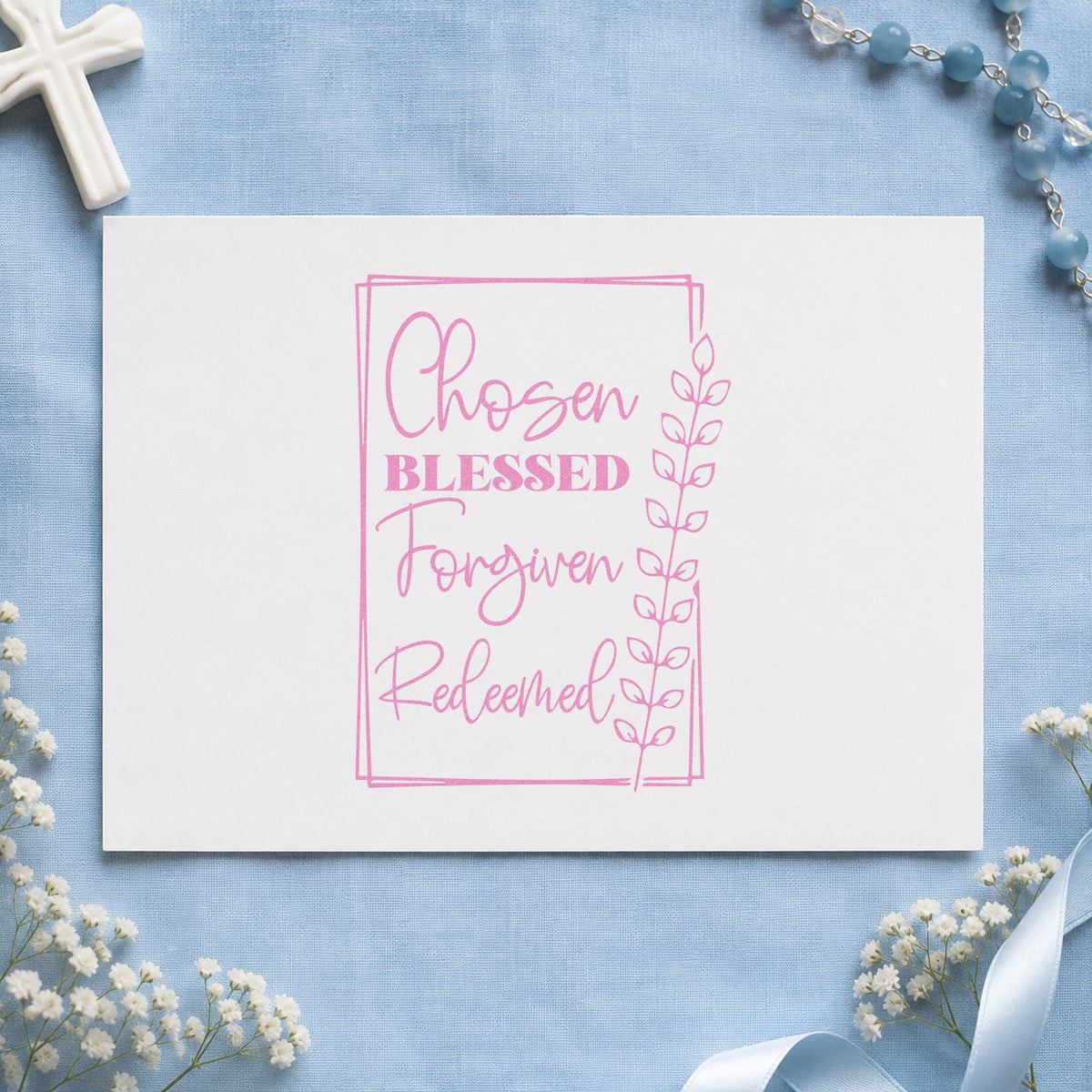 Chosen Blessed Forgiven Redeemed craft stamp in purple ink on cardstock, an easy option for baptism gifts.